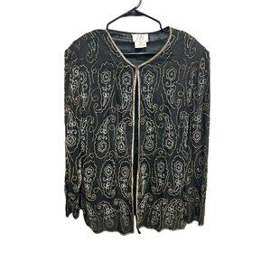 Vintage J.M.C. Beaded Paisley Floral Cardigan Jacket Black Gold Sz 3X Retro